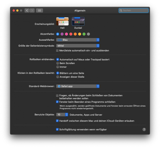 macOS Systemeinstellungen, Allgemein